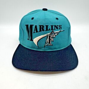 Vintage Florida Marlins MLB Logo Ball Cap Black Teal Drew Pearson Snapback Hat